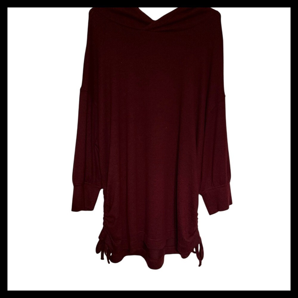Live Well Hoodie Dress Long Sleeve Burgundy Drawstring Detail Casual
